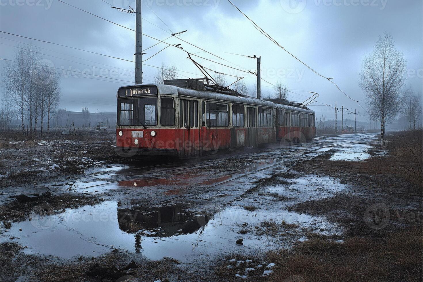 A red and white train is on the tracks photo