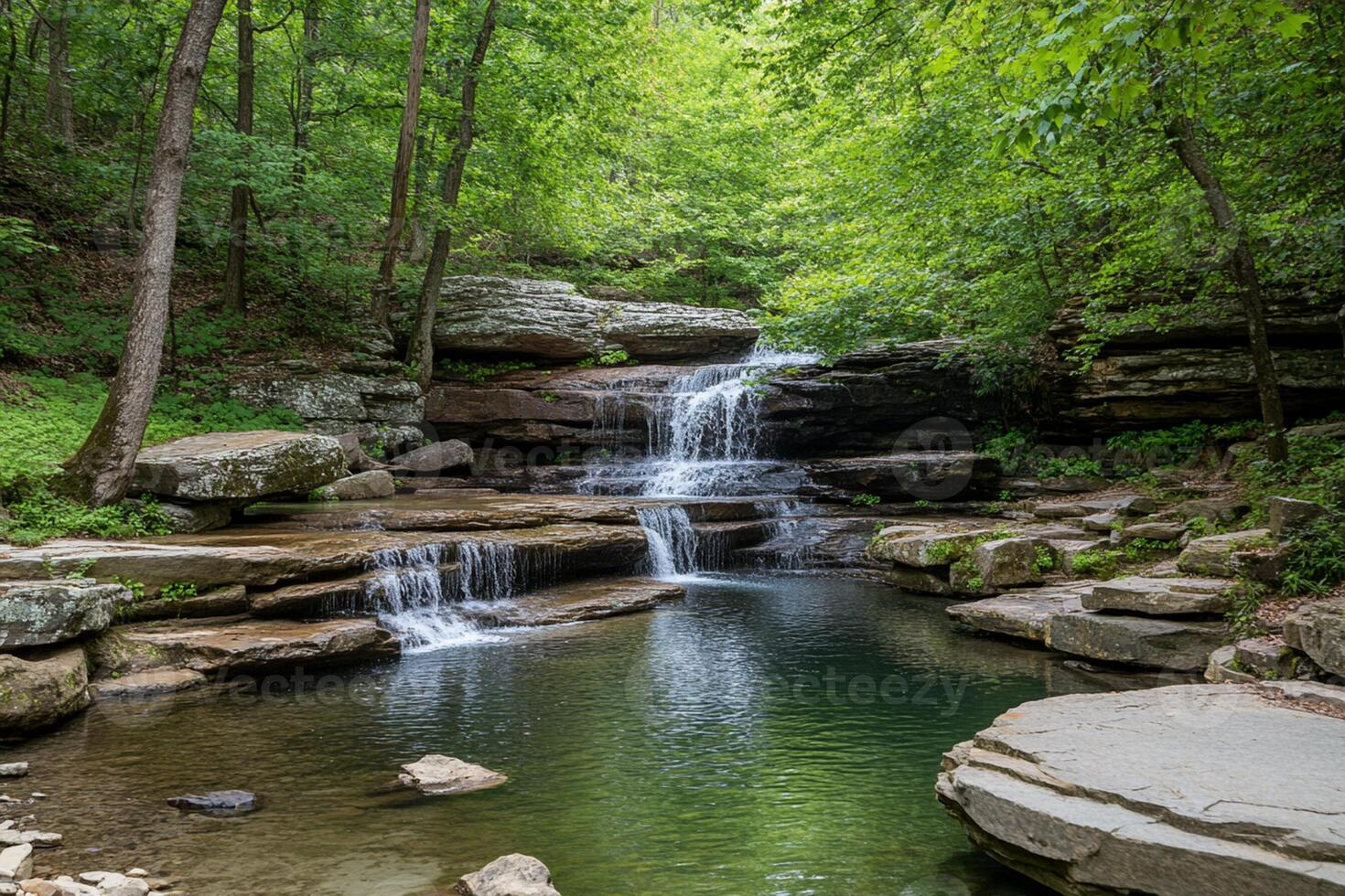 A waterfall in the woods surrounded by trees photo