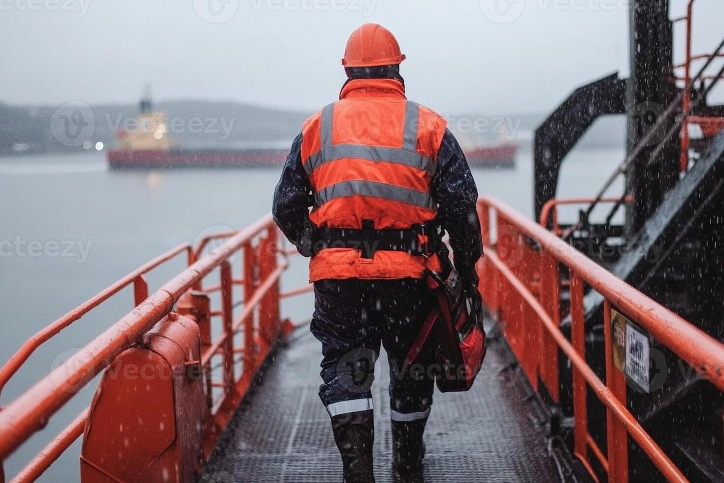 A man in an orange vest walking on a dock in the rain photo