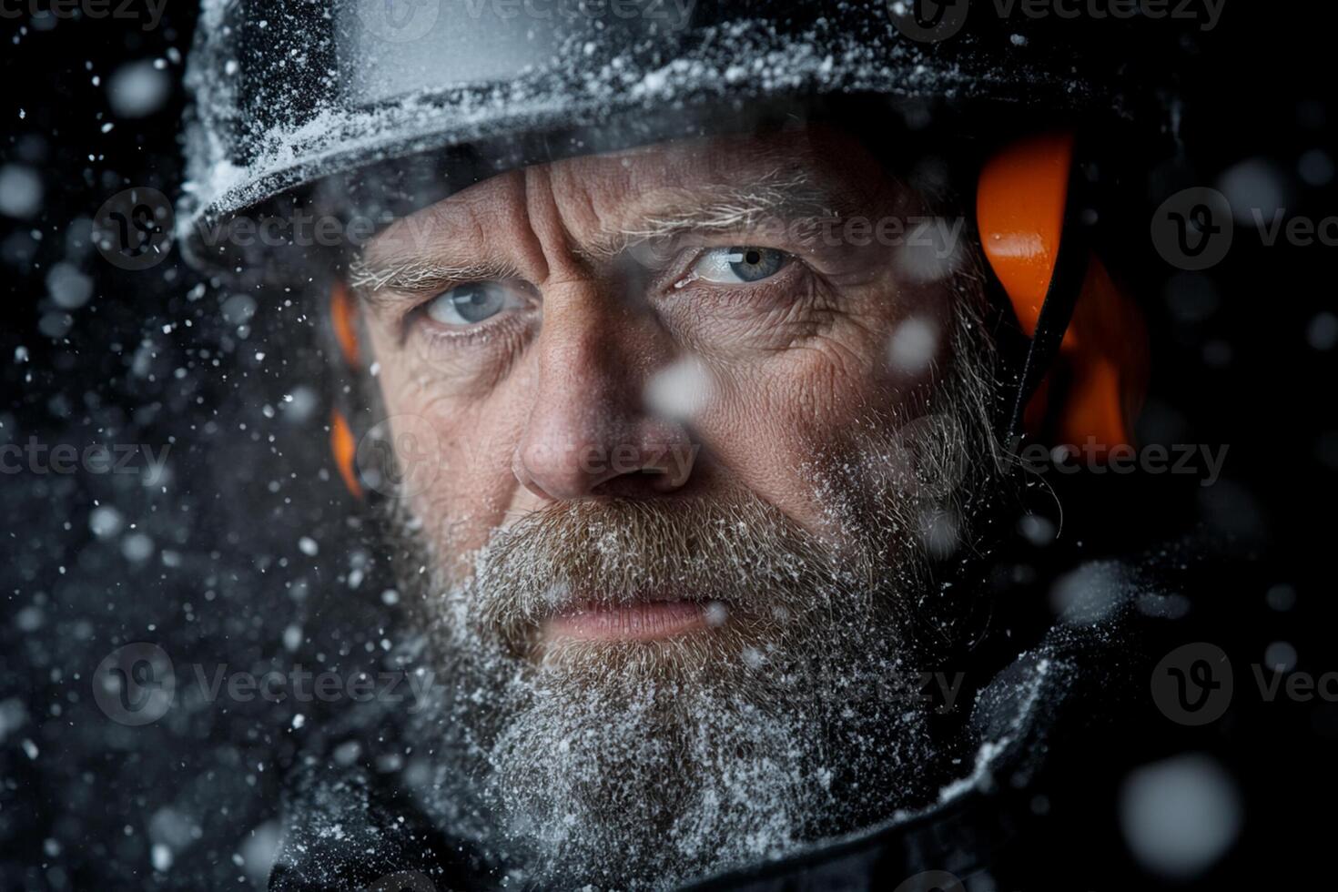 A man with a beard and snow gear looks into the camera photo