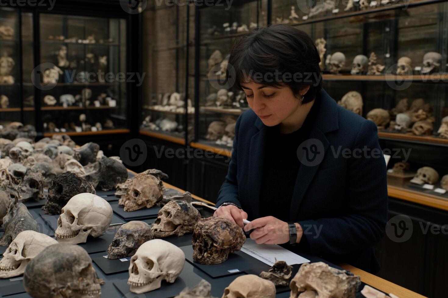 A woman is looking at a display of skulls photo