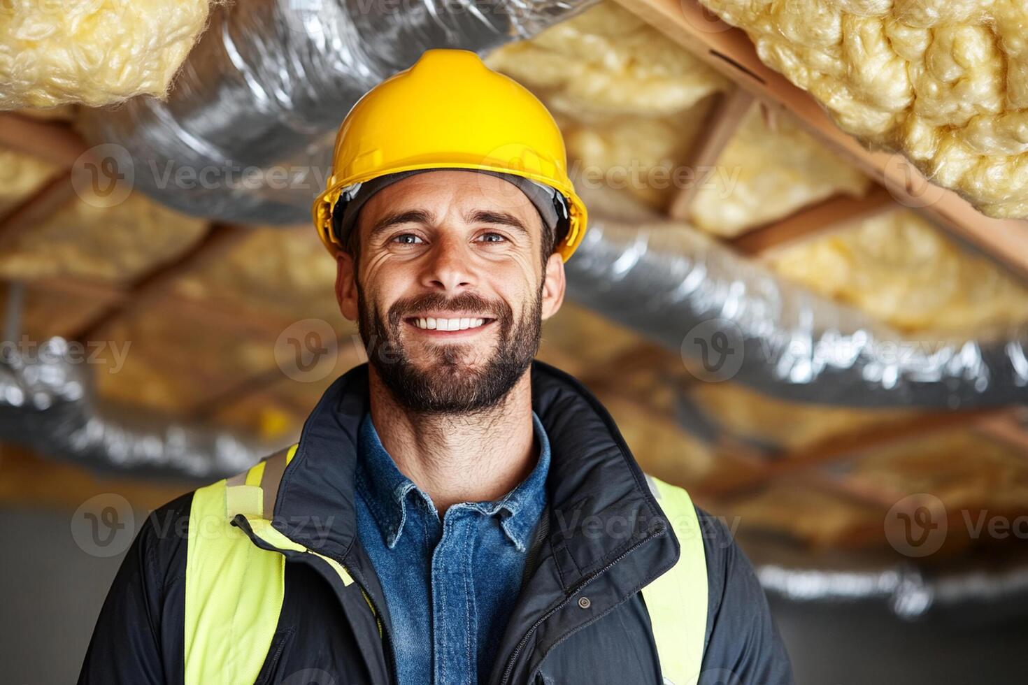 A man in a hard hat and safety vest standing in front of insulation photo