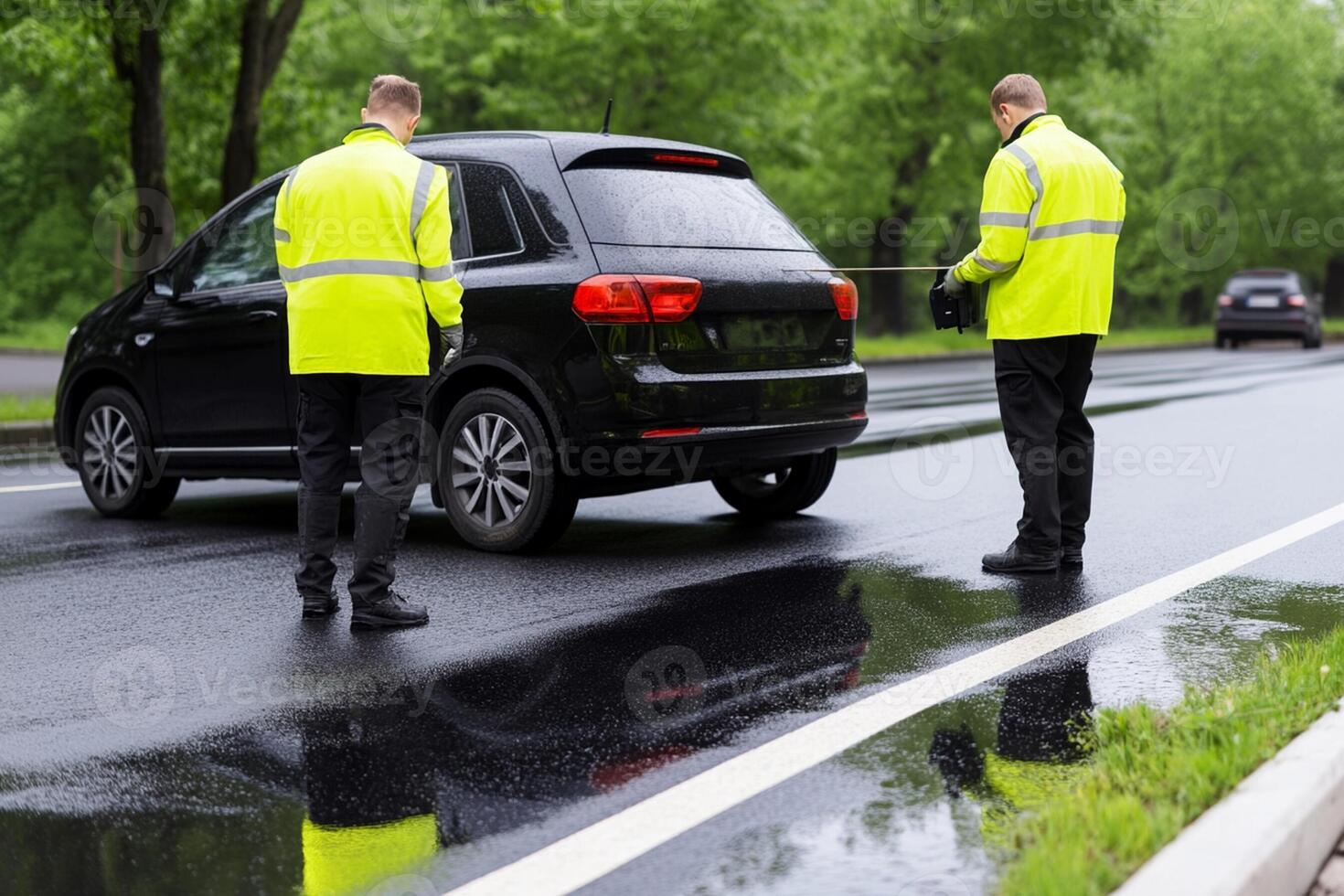 Two men in yellow vests are checking the tire of a car photo