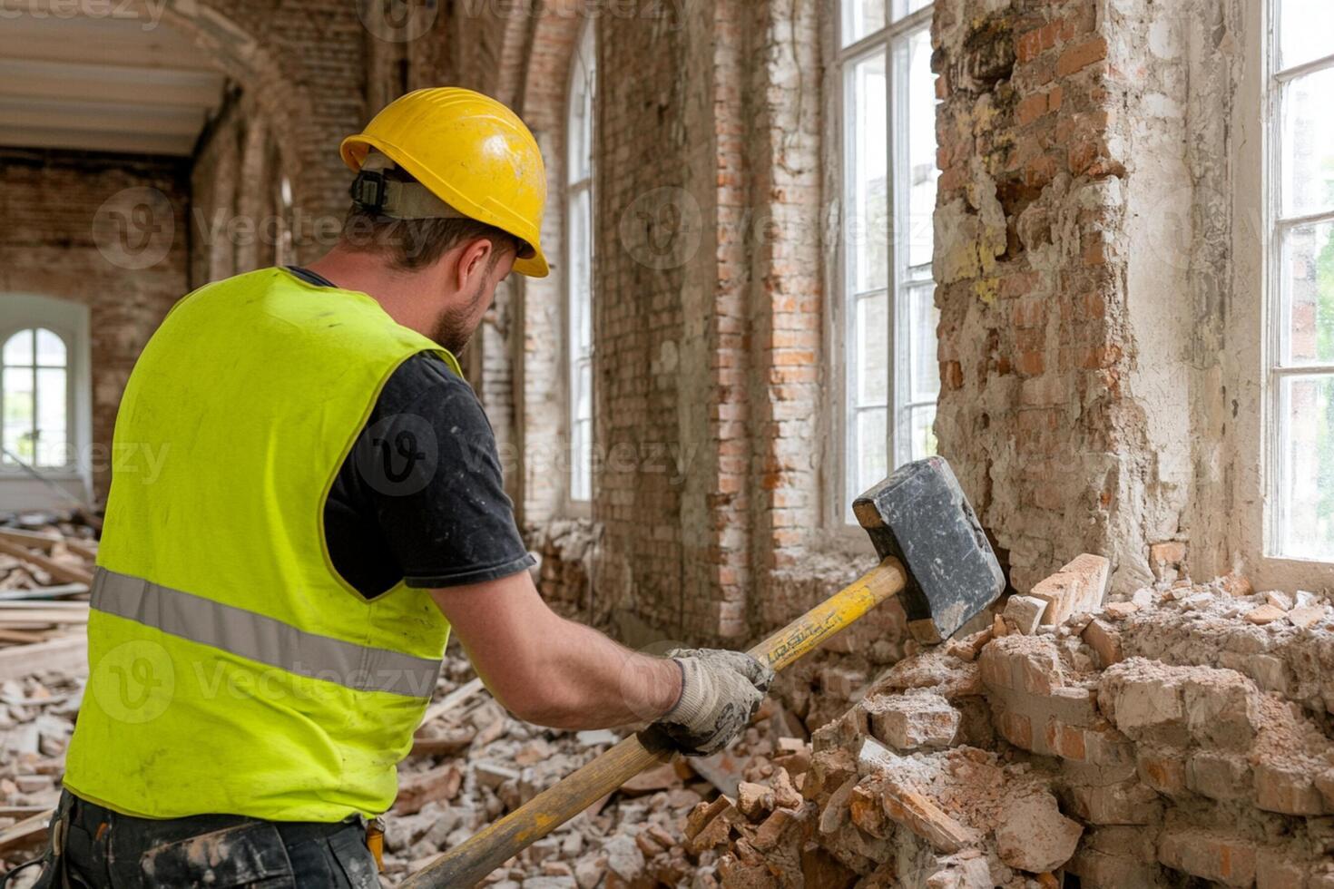 A man in a yellow vest is using a hammer to demolish a building photo