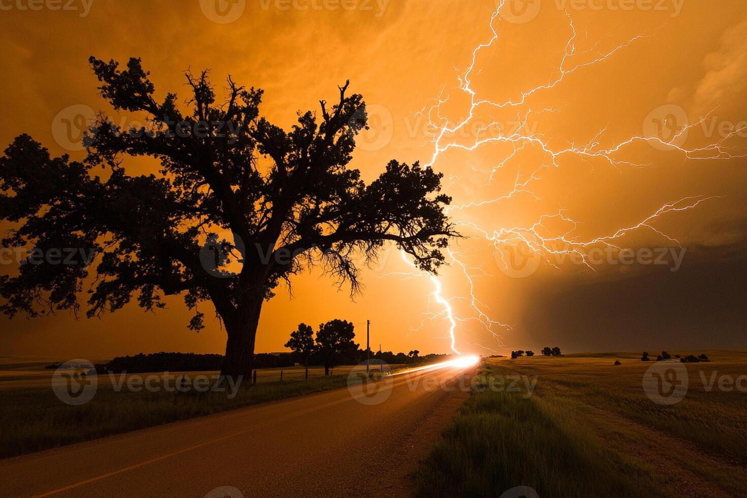 A lightning bolt is seen over a tree in the middle of a field photo