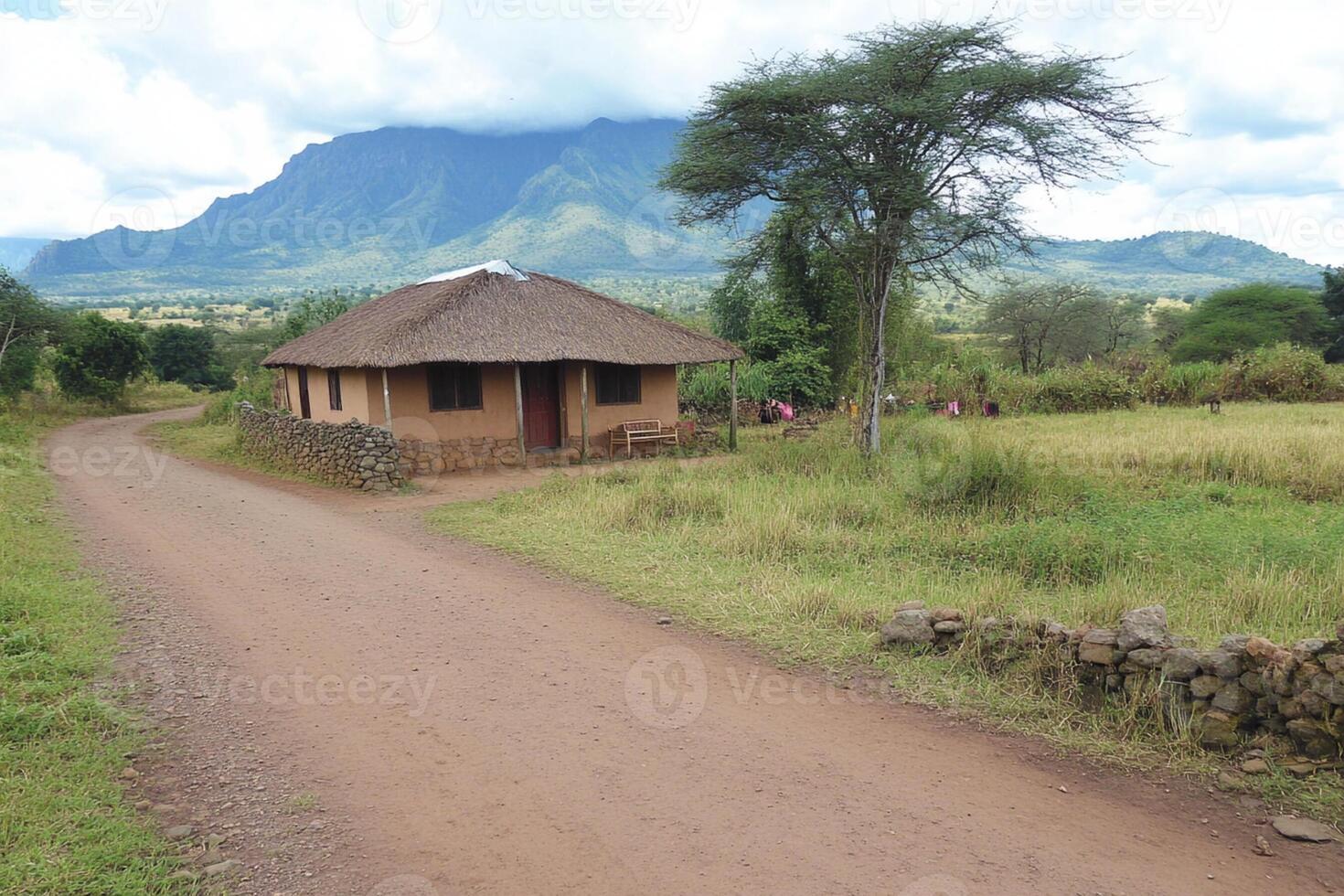A dirt road with a small hut on the side photo