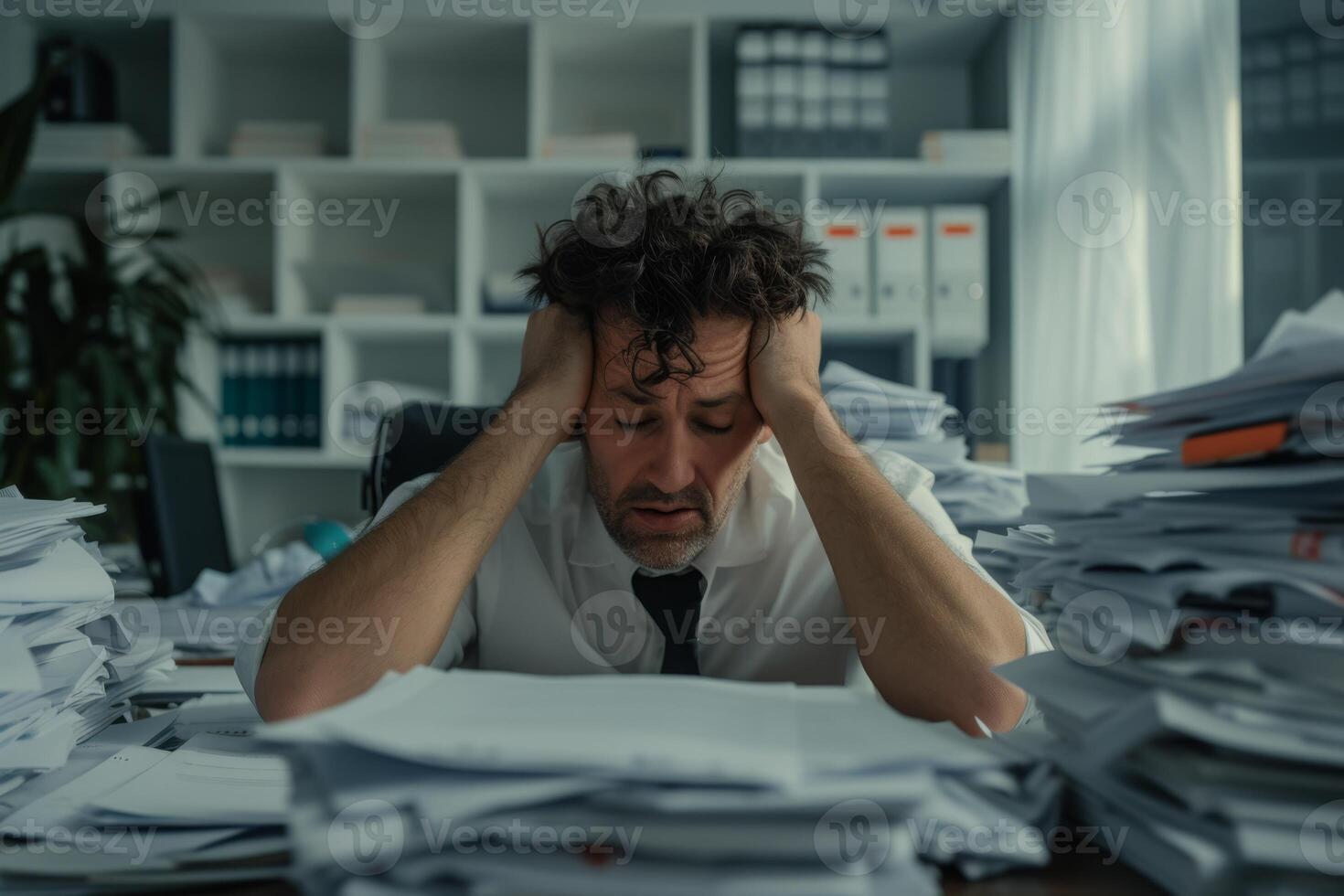 Exhausted man with paperwork in office photo