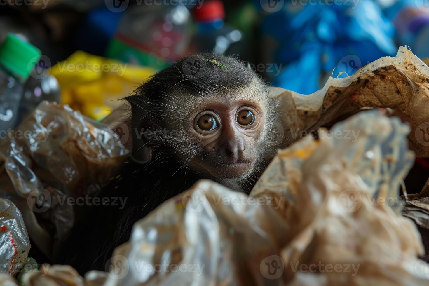 Monkey amidst plastic waste photo