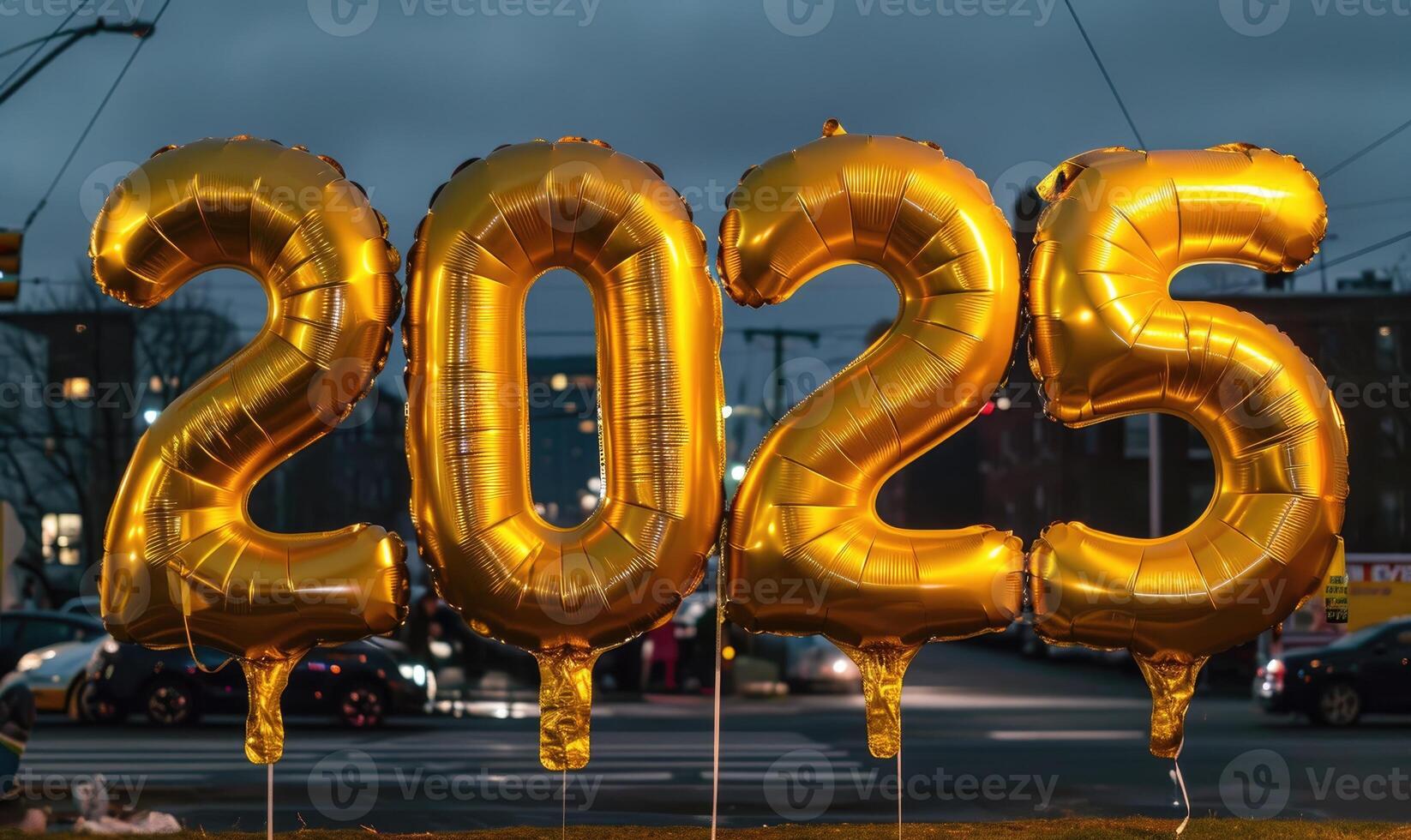 Golden balloon digits 2025 against city background photo