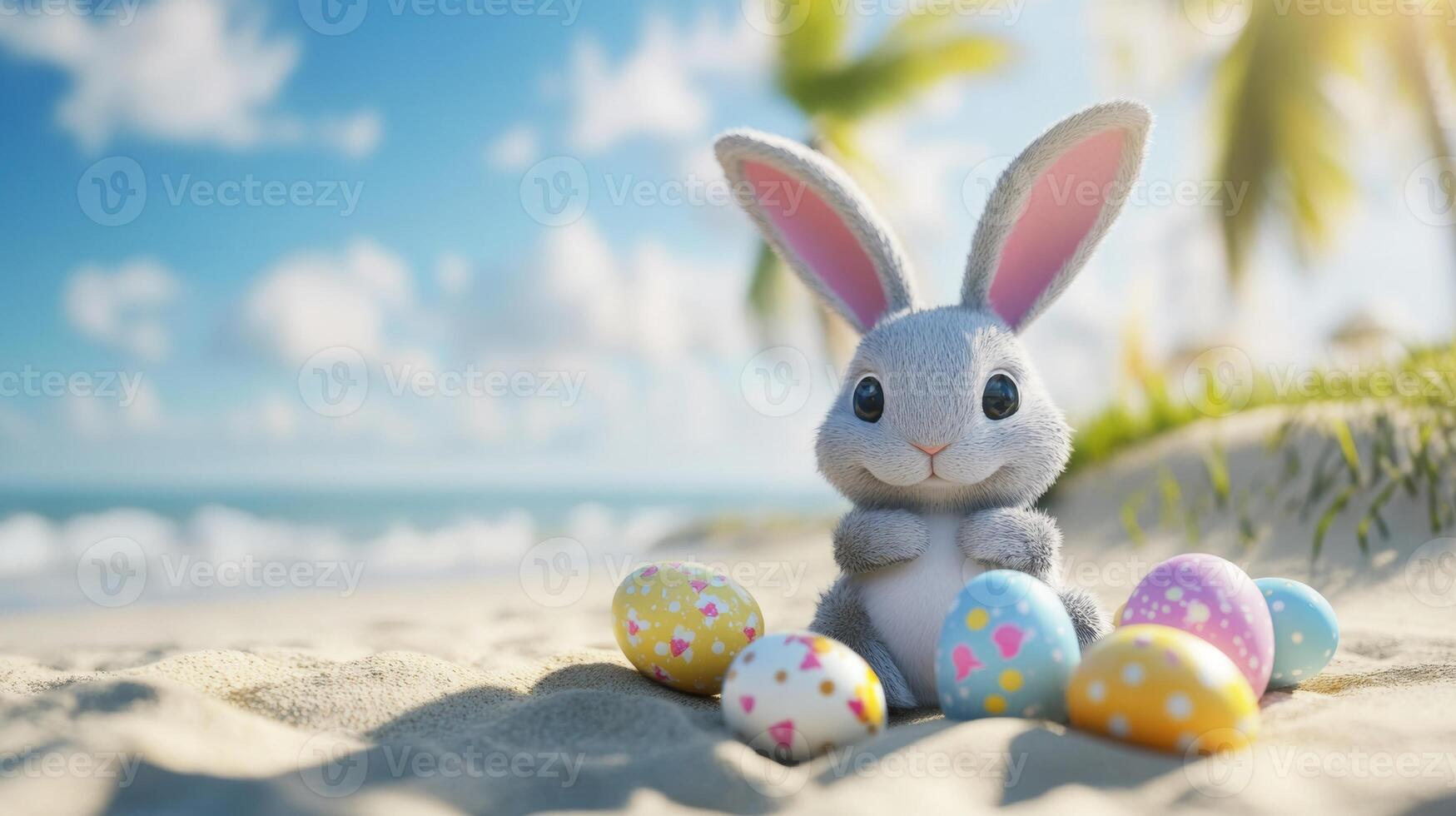Easter Bunny enjoys a sunny day on the beach surrounded by colorful Easter eggs photo