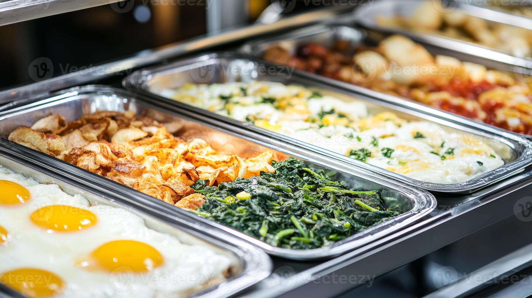 Breakfast buffet featuring assorted dishes with eggs, greens, and meats at a restaurant photo