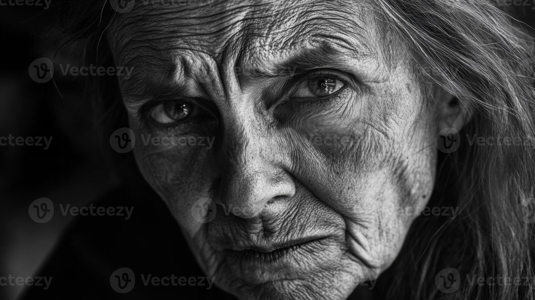 Elderly woman with deep wrinkles gazing intensely at the camera in a dimly lit room photo