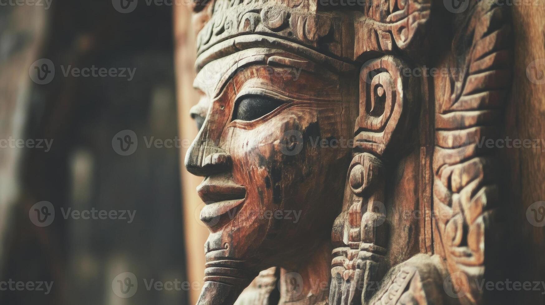 Intricate wooden sculpture depicting a traditional figure from a cultural heritage site in the late afternoon sunlight photo