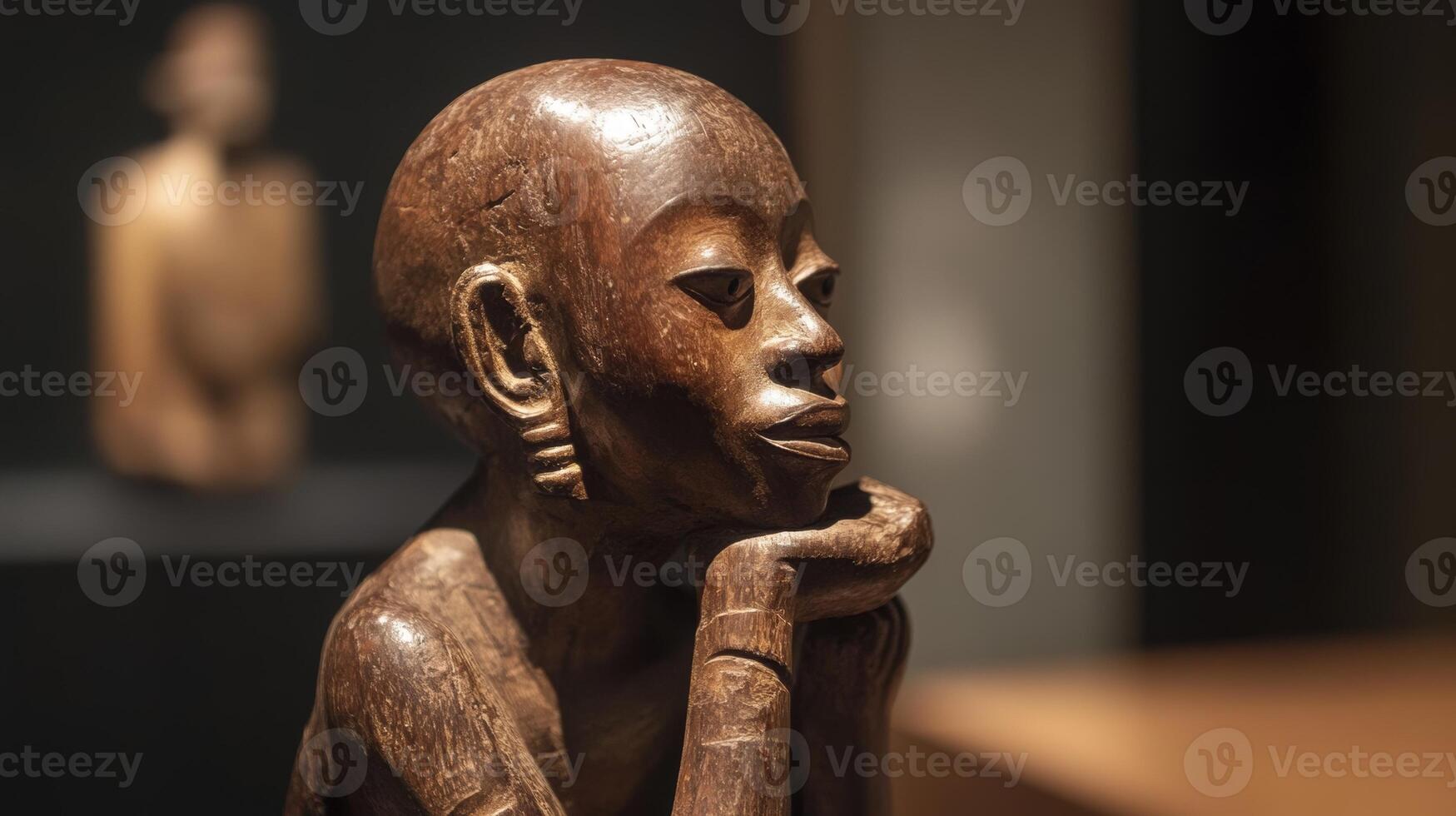 Intricate wooden sculpture of a thoughtful figure displayed in a serene museum setting photo