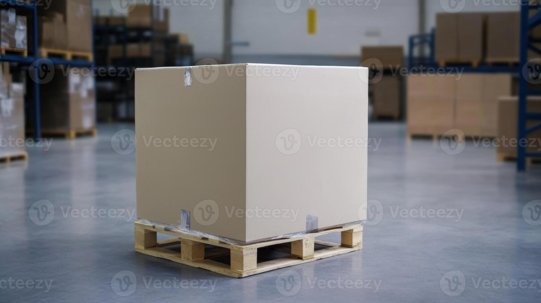 Large cardboard box on a wooden pallet in a warehouse during daytime with organized shelving in the background photo