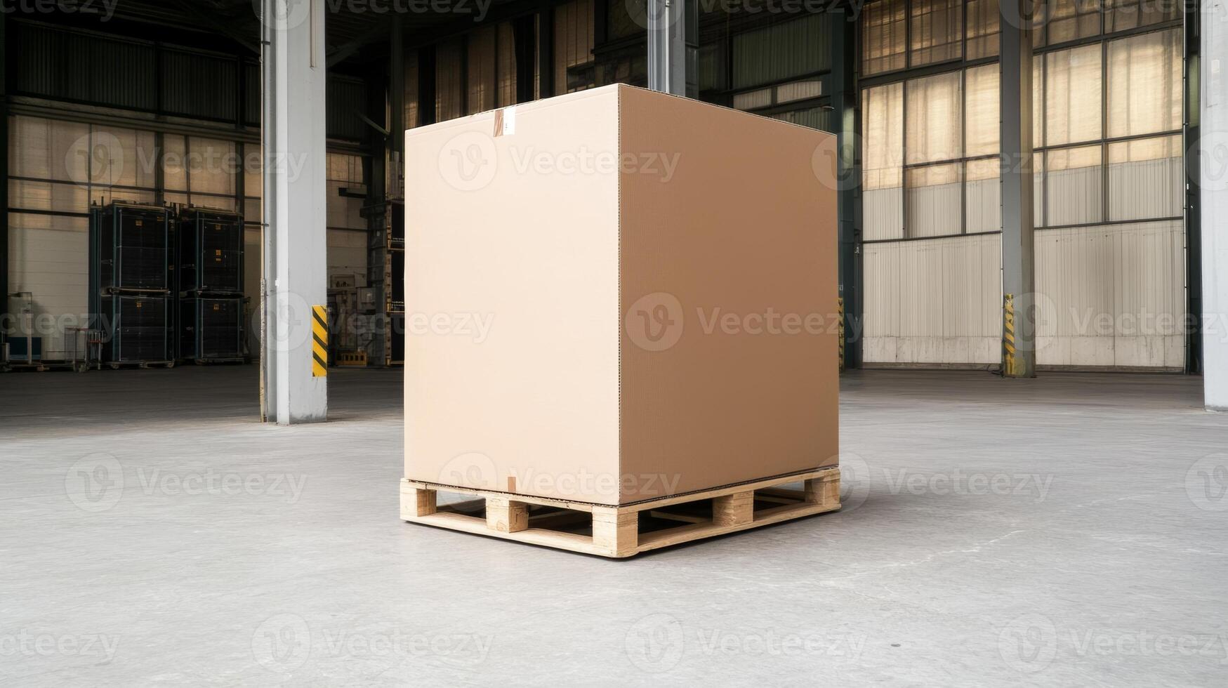 Large cardboard box on a wooden pallet inside a spacious warehouse during daylight hours photo