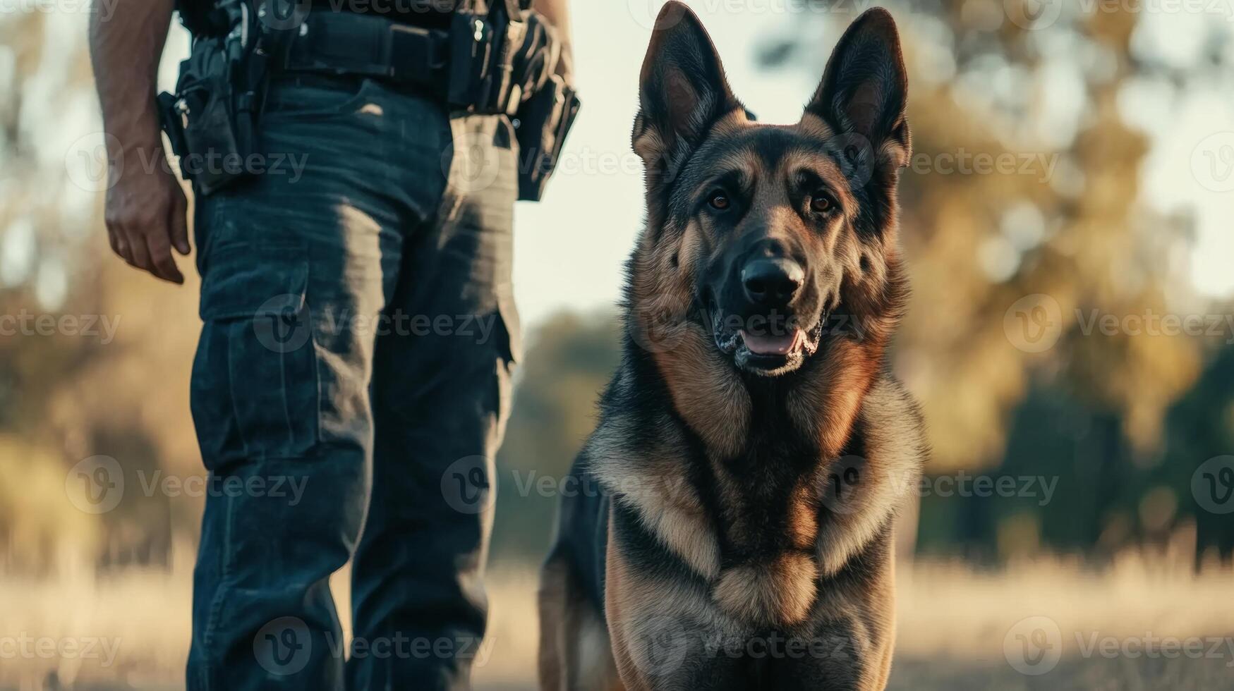 Police officer stands beside trained German Shepherd dog in outdoor environment during golden hour photo