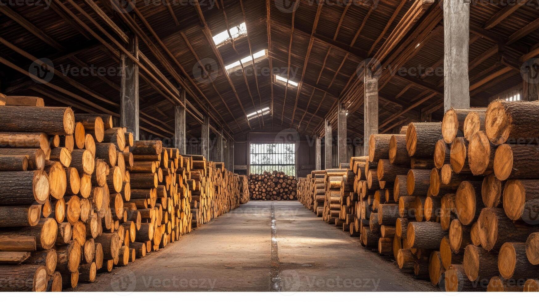 Wood drying facility showcasing neatly stacked logs in a spacious warehouse during daylight hours photo