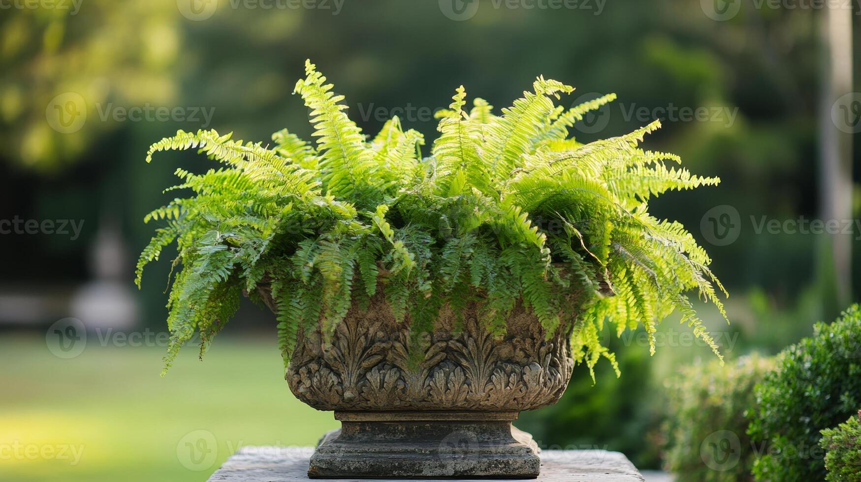 Elegant fern plant in a decorative stone planter surrounded by lush greenery in a serene outdoor setting photo