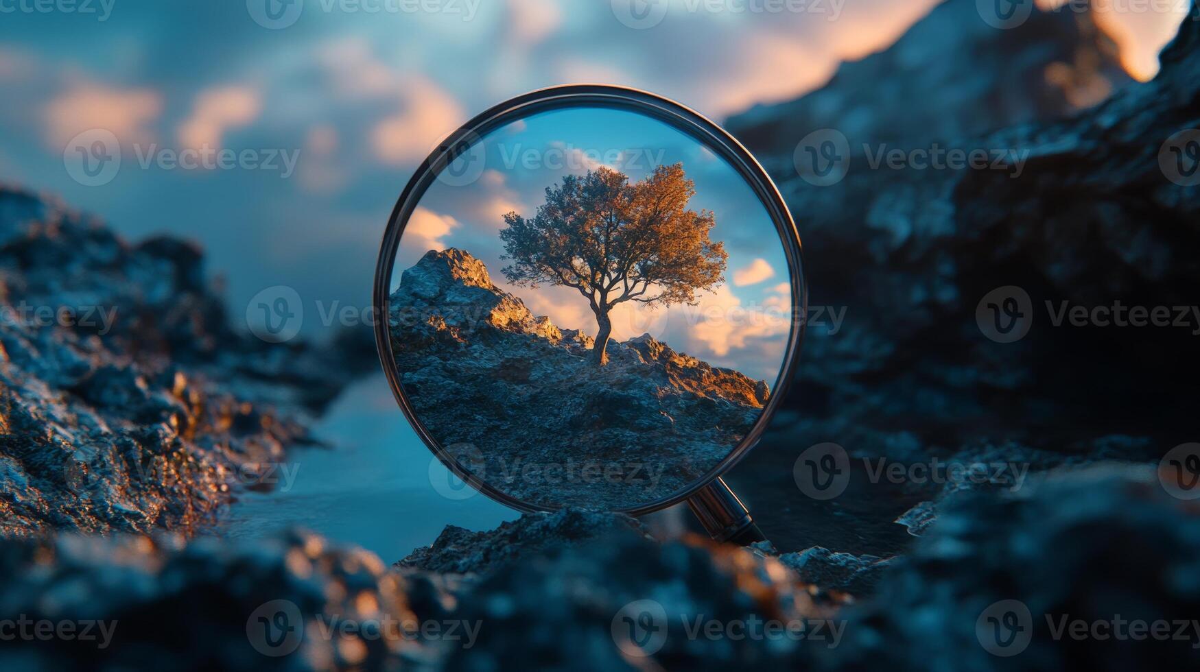 Magnifying glass reflects a solitary tree against a stunning sky at sunset in a rocky landscape photo