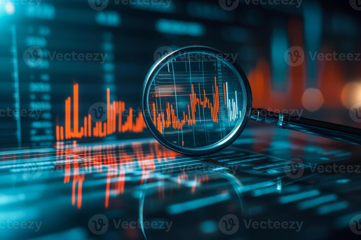 Market analysis with magnifying glass highlighting stock trends in financial data at night photo