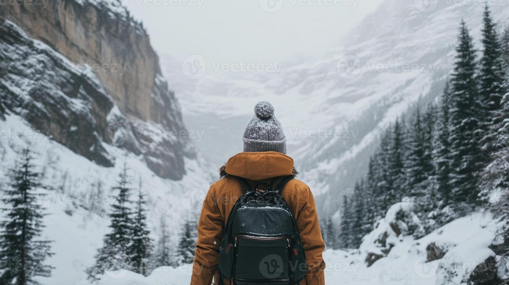 Hiking through a snow-covered valley surrounded by mountains and evergreen trees during winter photo