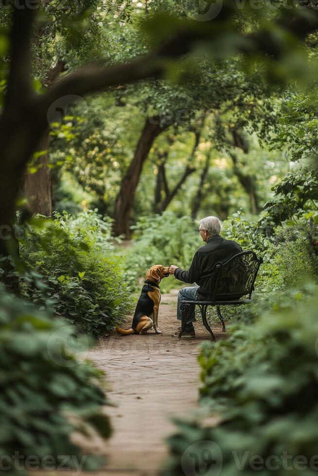 Man sits on a bench in a green park as he interacts with his dog on a peaceful afternoon in nature photo