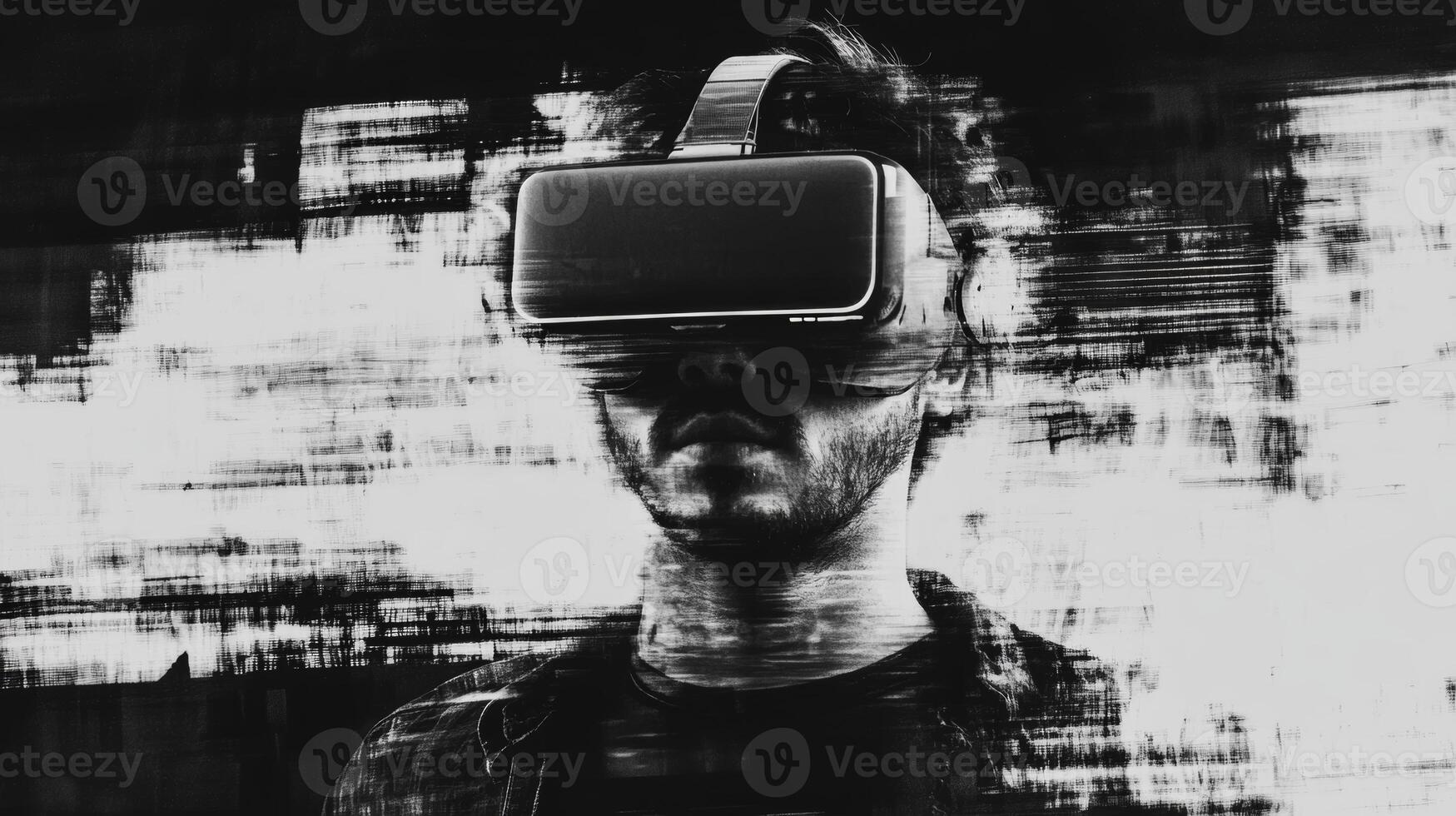 Person using virtual reality headset in an abstract and dynamic environment photo