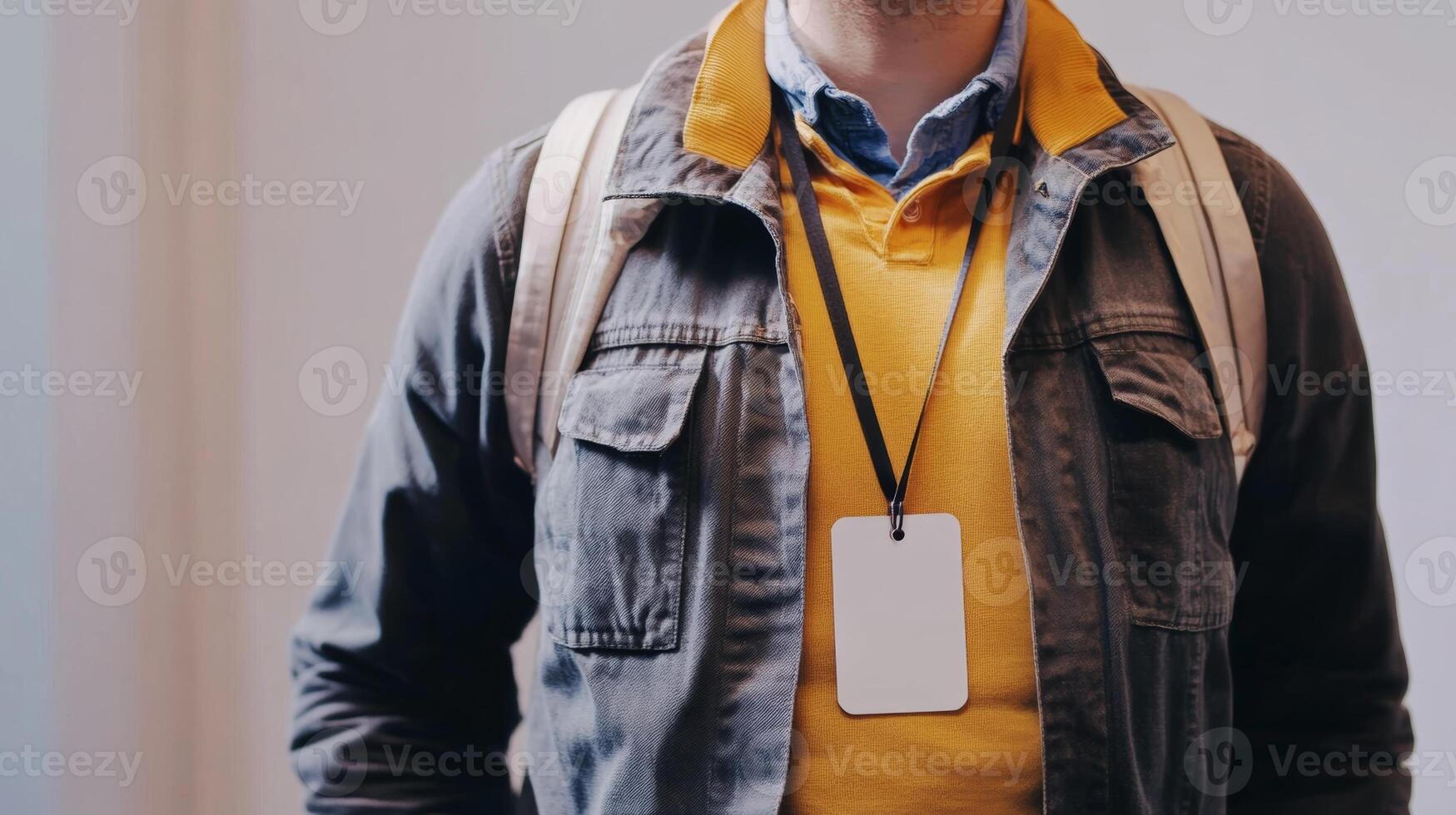 Individual wearing a yellow sweater and denim jacket with a badge in a modern setting while preparing for an event photo