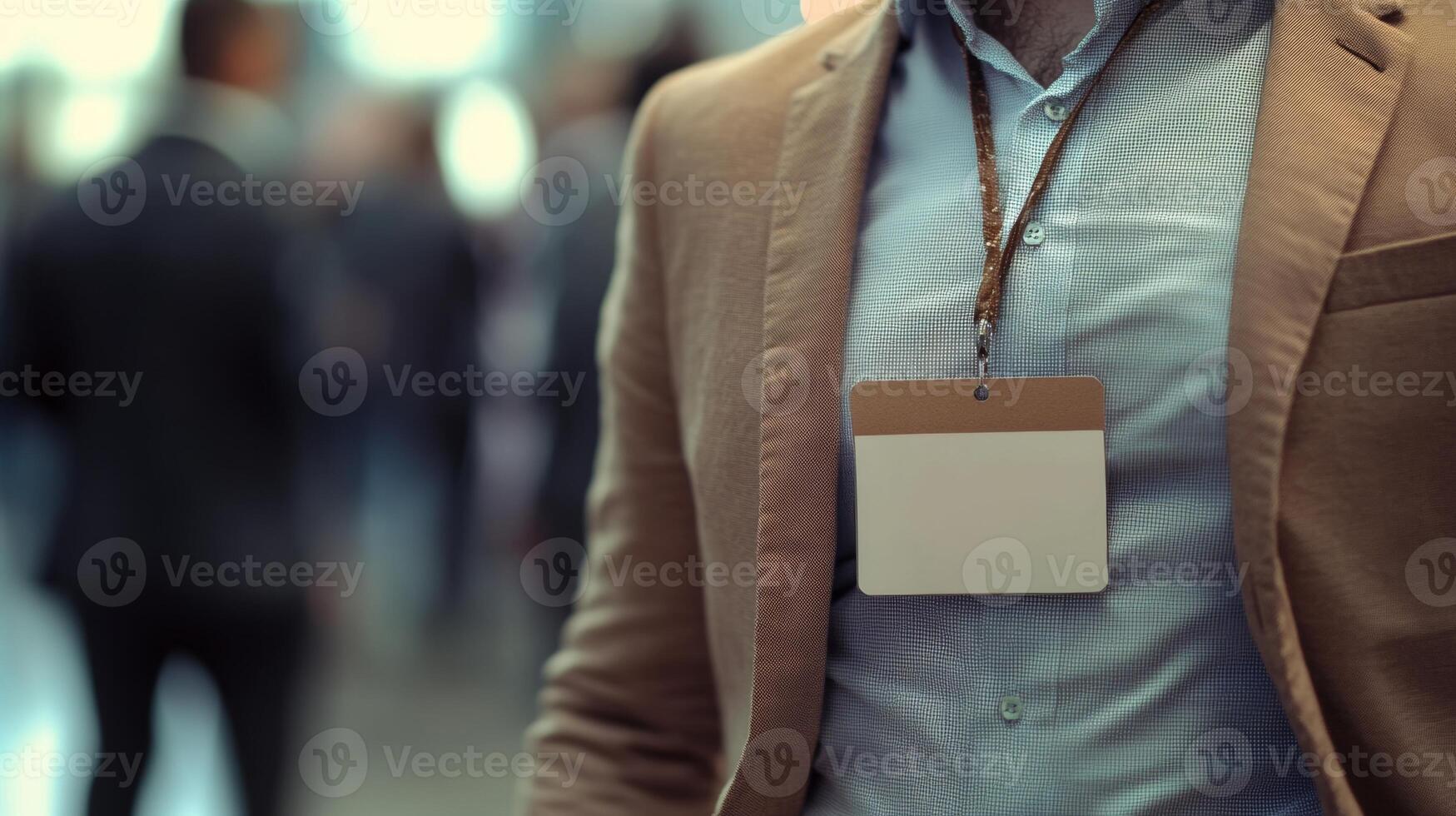 Professional networking event showcasing attendees in formal attire with identification badges at a corporate venue photo