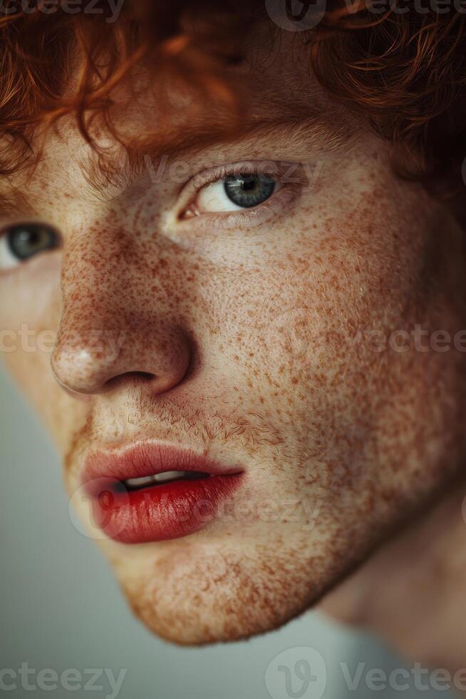 Model showcases striking features with tousled red hair and freckled skin in a close-up portrait expressing subtle emotion photo