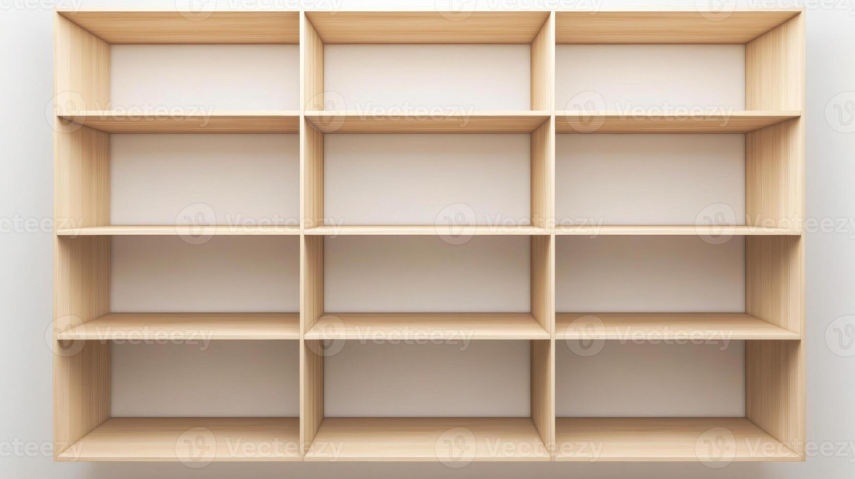 Modern wooden shelving unit with twelve compartments for organization and storage in a minimalist setting photo