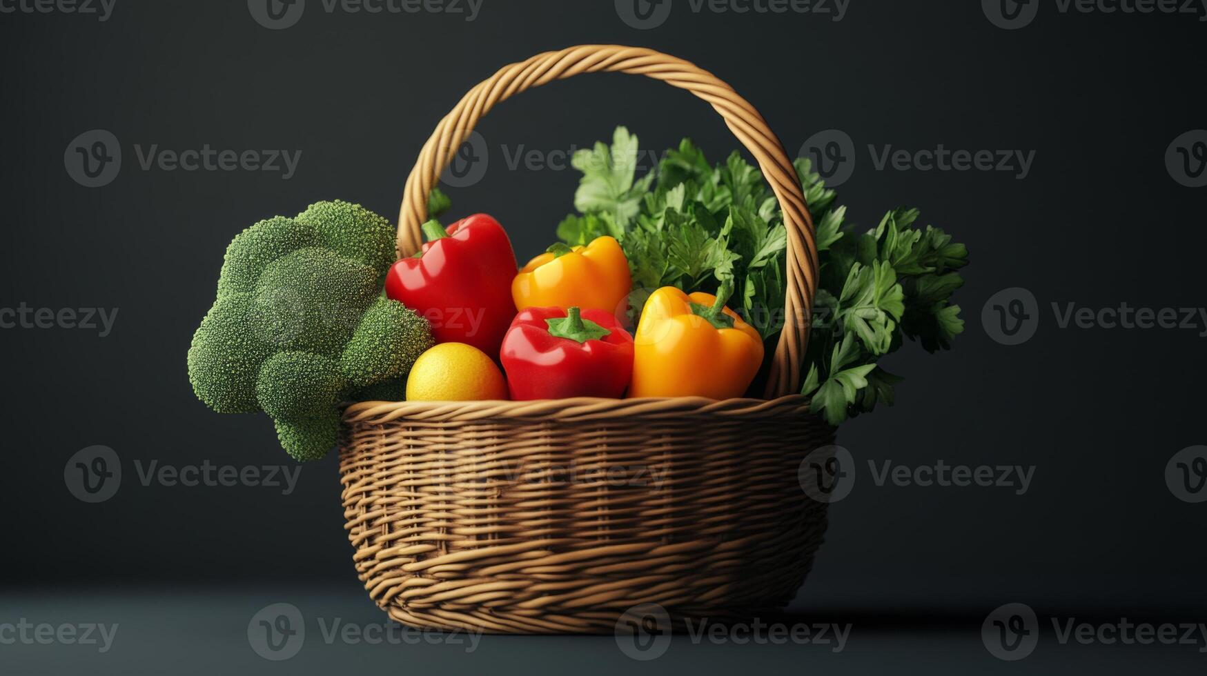 Vibrant basket filled with fresh vegetables and herbs against a dark background photo