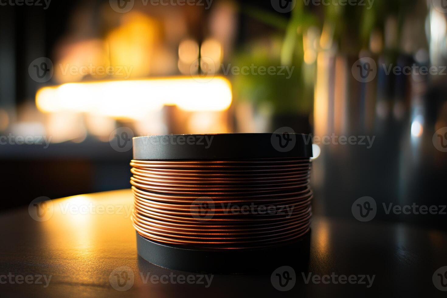 Copper wire coils positioned on a glossy surface in a softly lit workshop during the evening hours photo