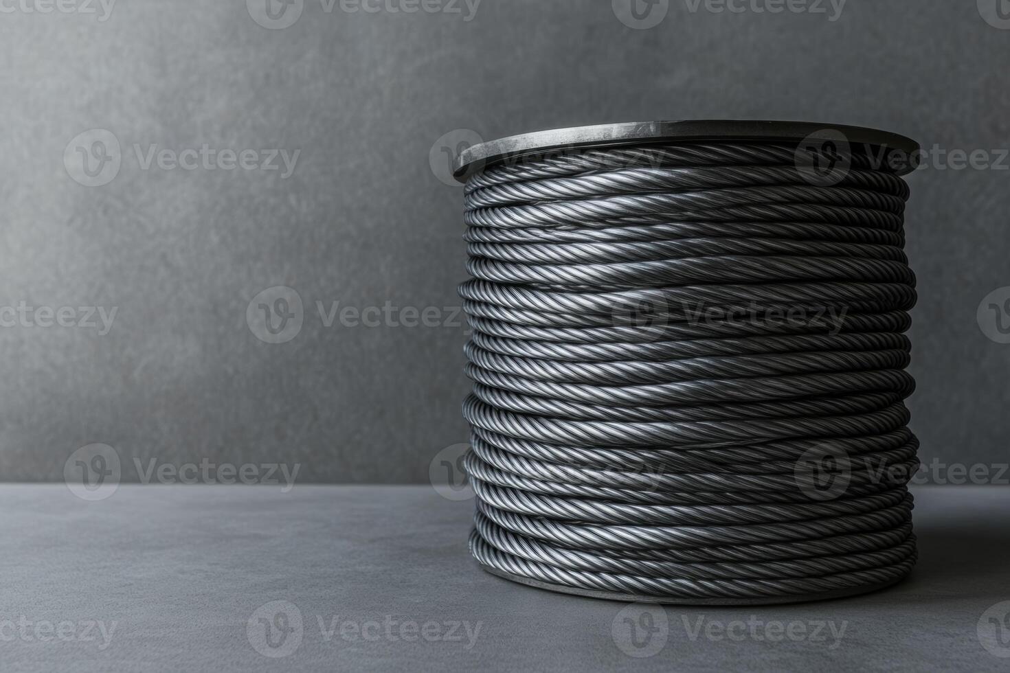 Metal wire coil rests on a gray surface in an industrial setting, highlighting strength and durability in construction applications photo