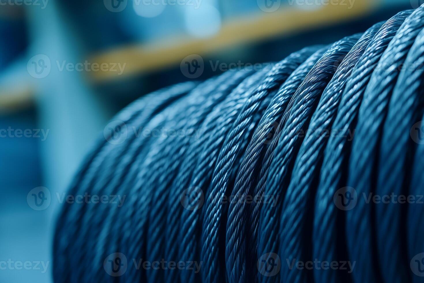 Heavy-duty steel wire rope coiled and ready for industrial use in a workshop environment photo
