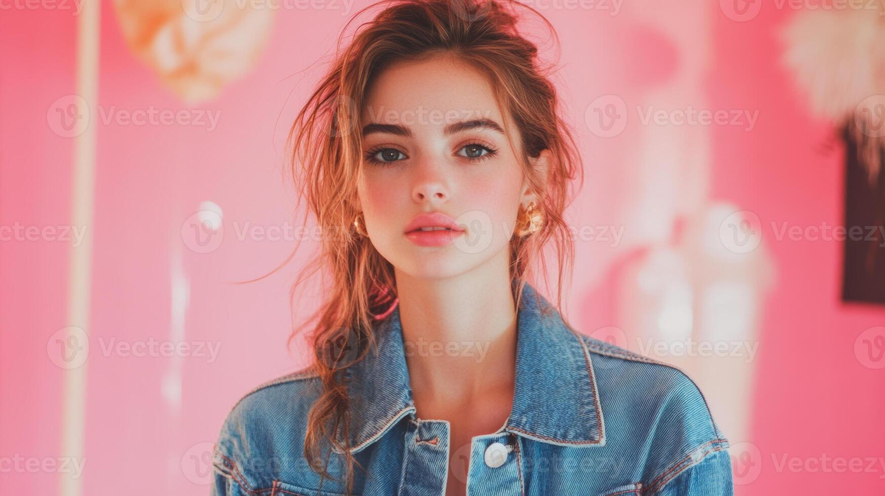 Young woman with long hair poses in denim jacket against vibrant pink background during daytime photo