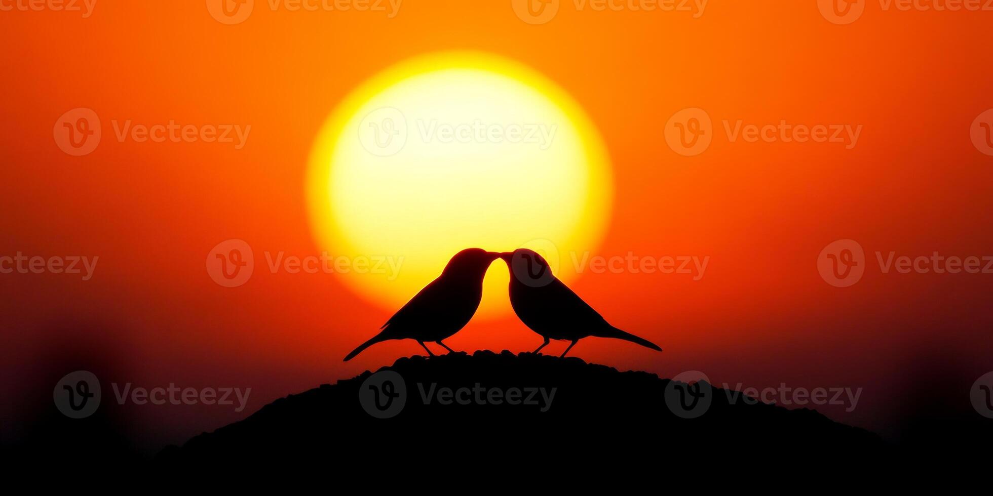 Silhouetted birds touching beaks against a vibrant sunset backdrop in a serene natural setting photo