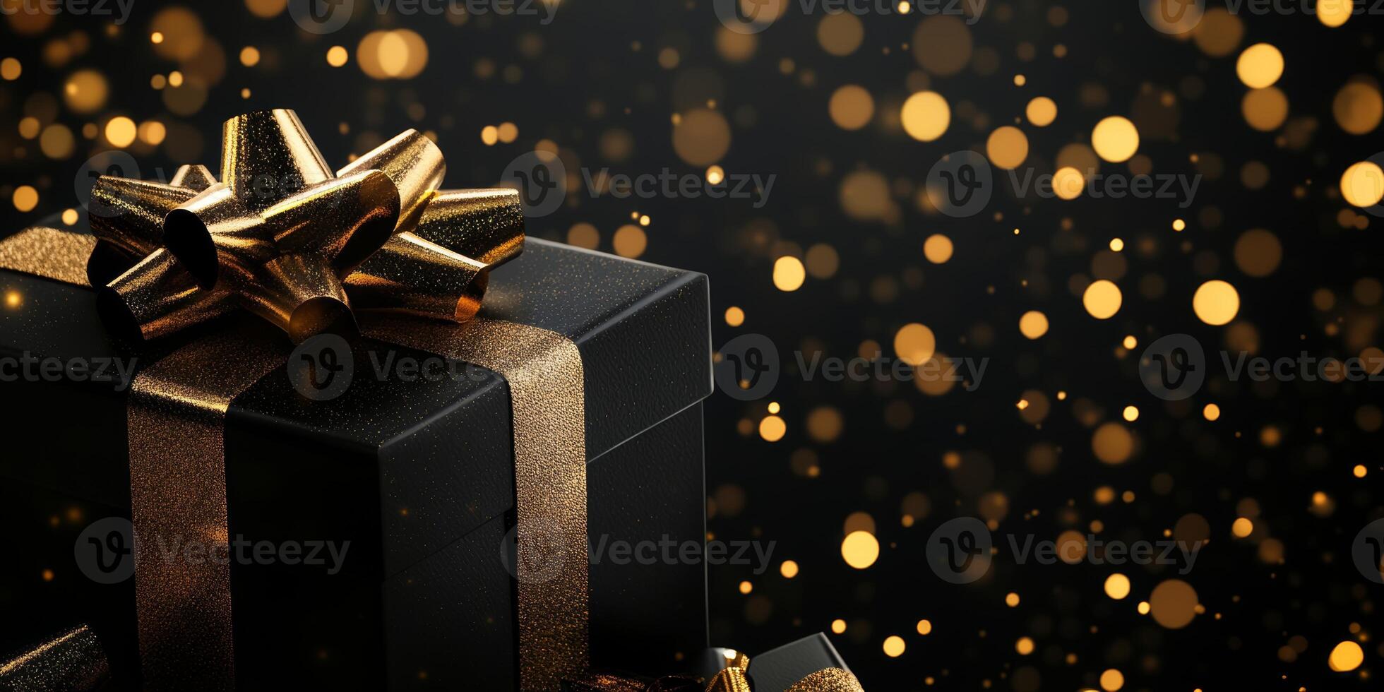 Elegant black gift box with golden ribbon against a sparkling bokeh background for celebration photo