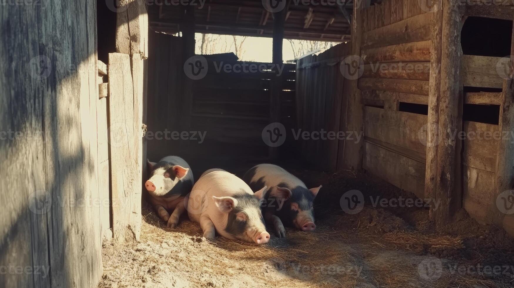 Three pigs resting in a barn on a sunny afternoon during early spring in a rural farming area photo