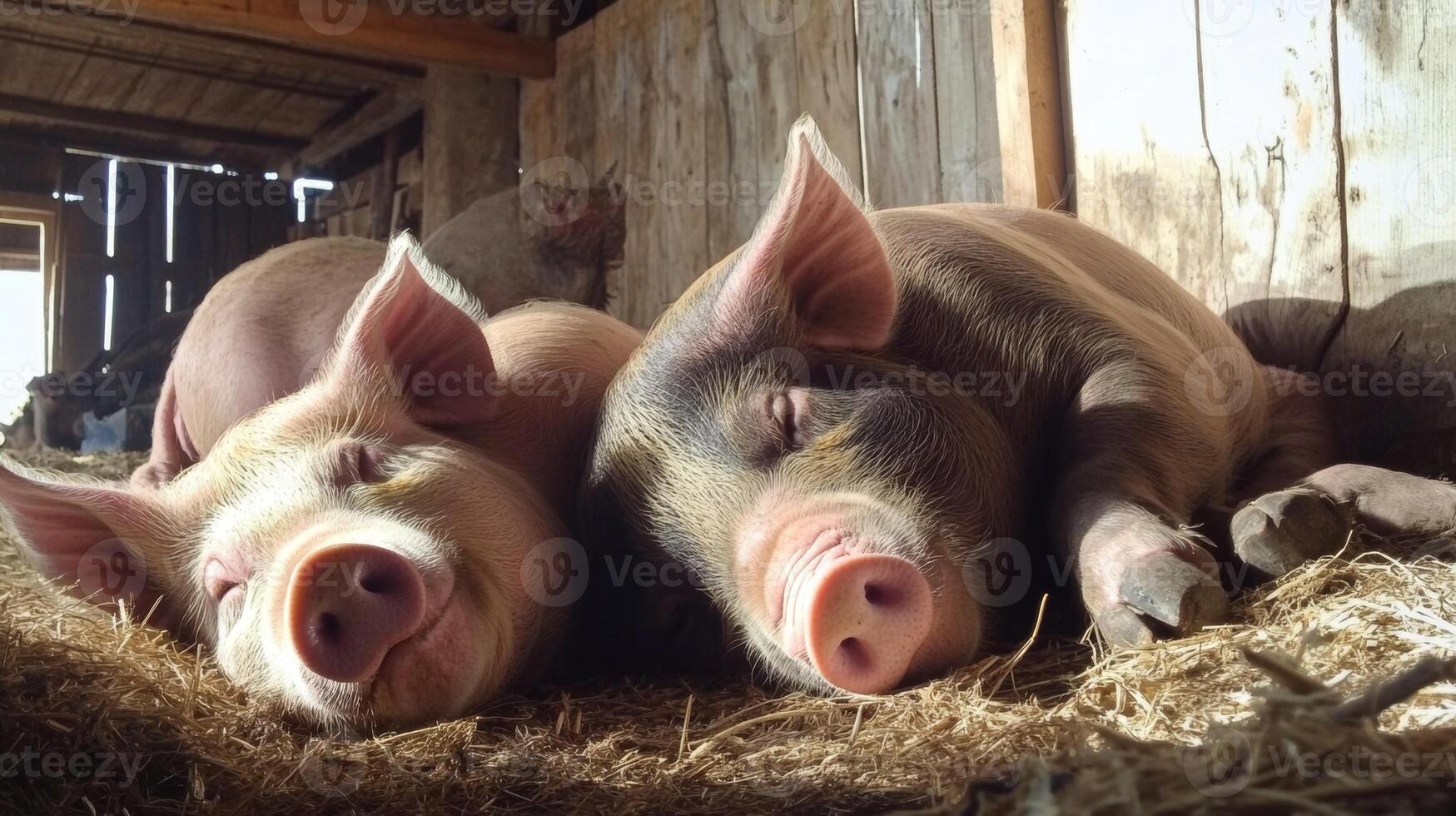 Pigs resting peacefully in a barn filled with straw during a sunny afternoon photo