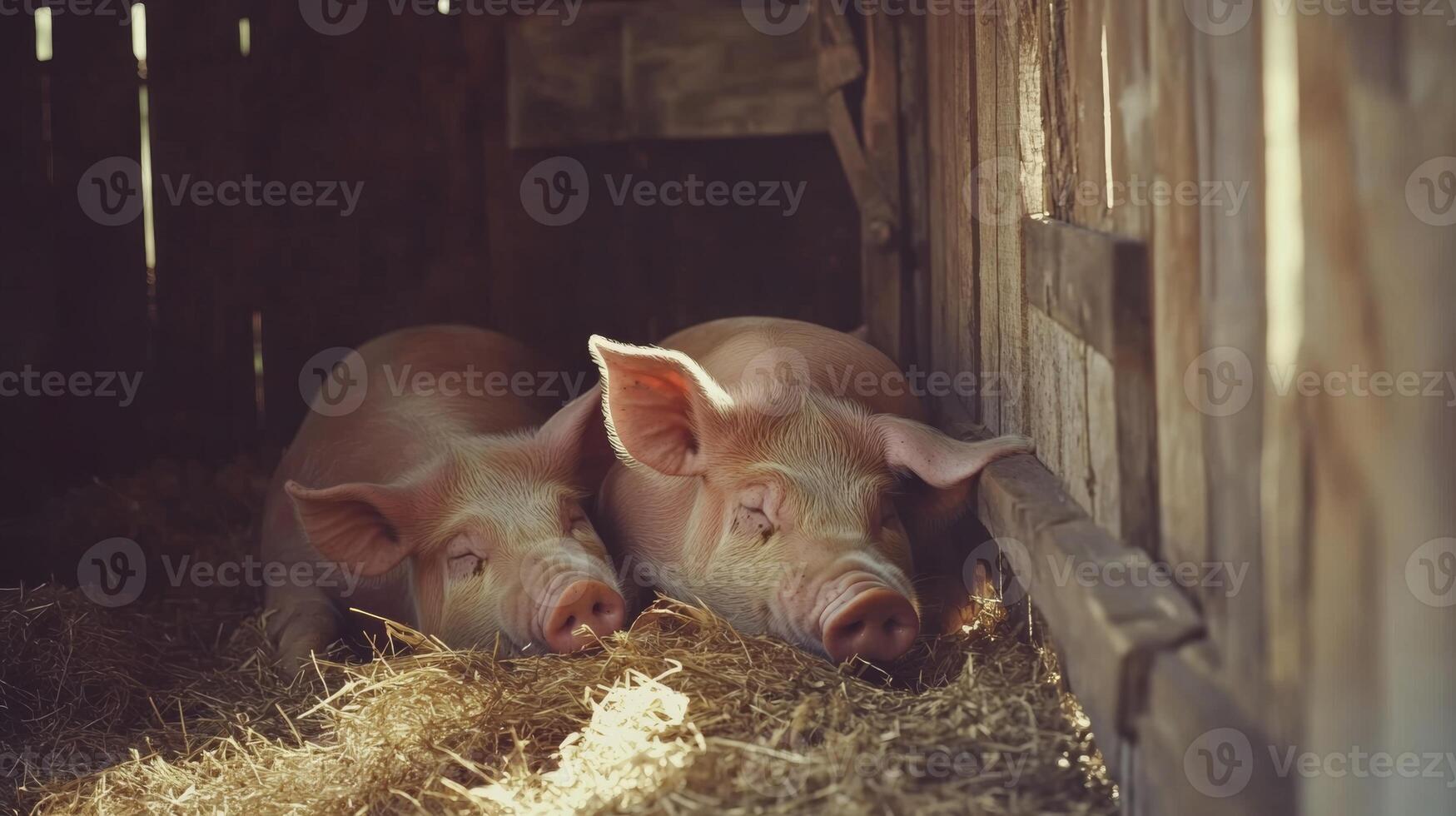 Two pigs resting in a cozy barn surrounded by straw during the afternoon sunlight in a rural setting photo