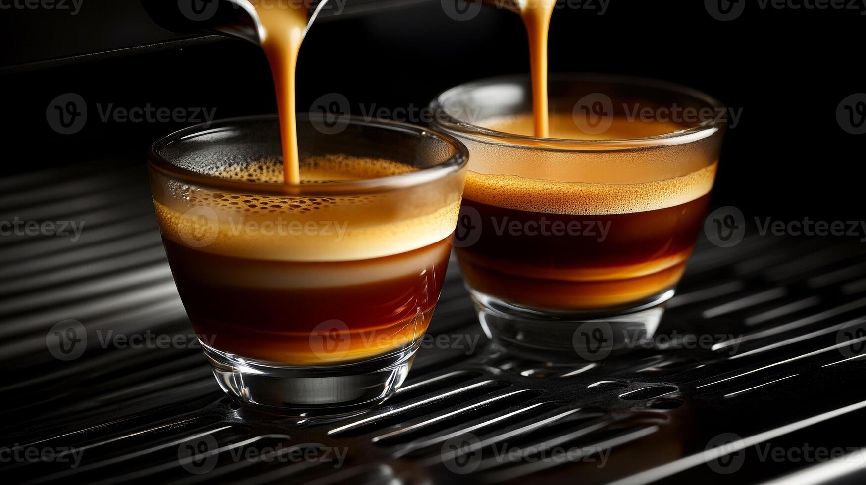Rich espresso being poured into glass cups in an espresso machine during a busy morning shift at a cafe photo