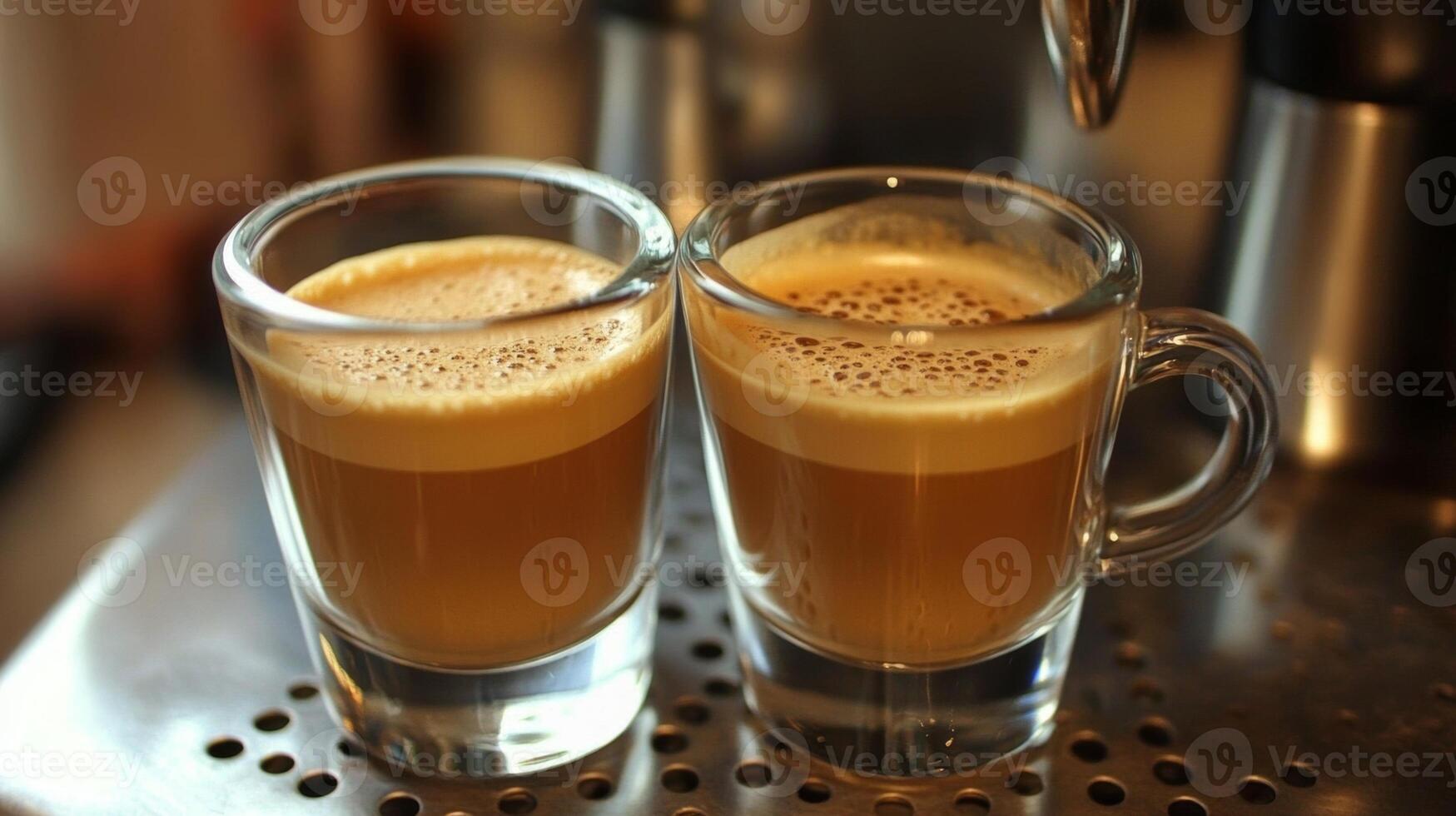 Two glasses of freshly brewed espresso in a coffee shop during afternoon photo