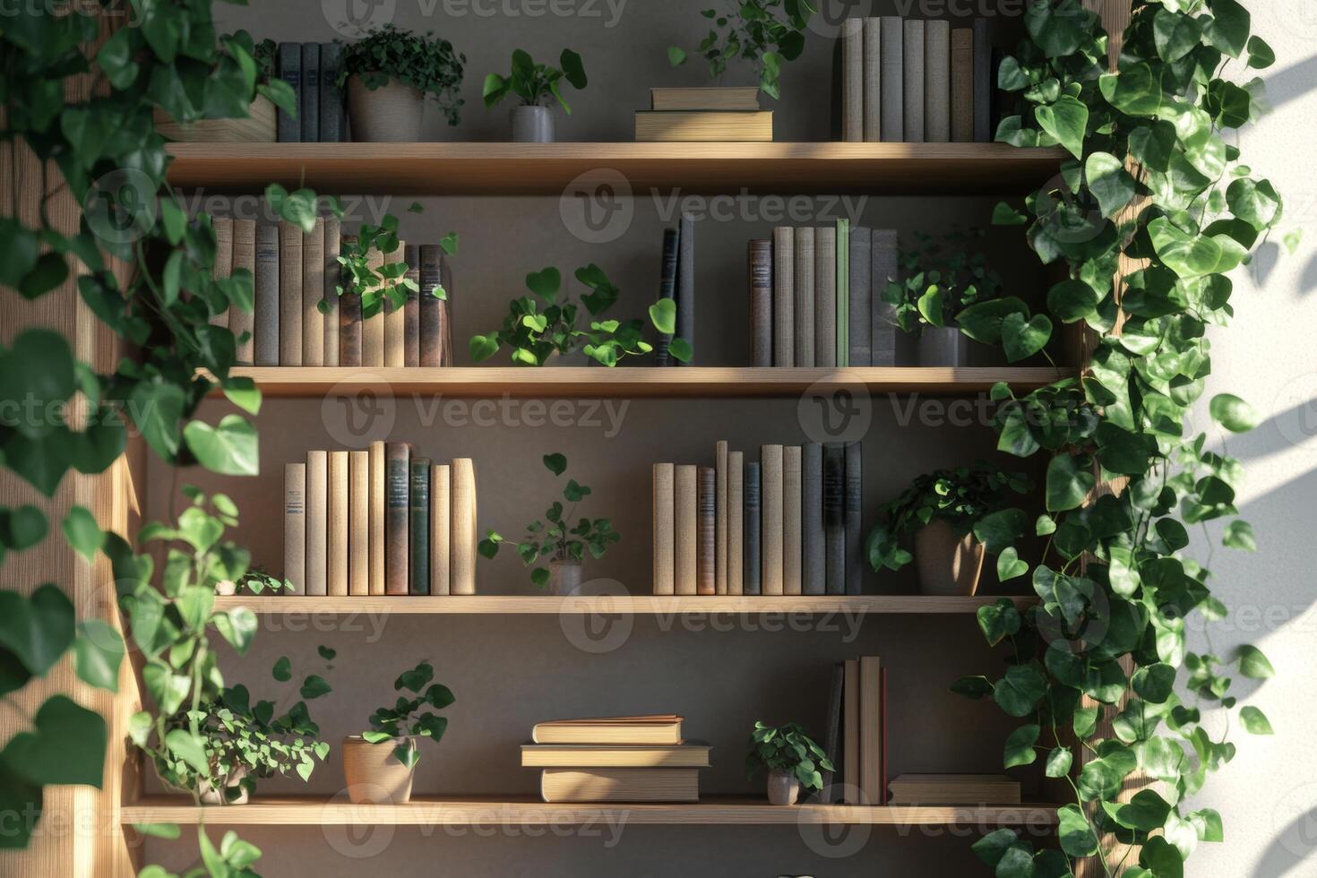 A modern bookshelf featuring plants as a decorative element for virtual office and studio backgrounds in contemporary design photo