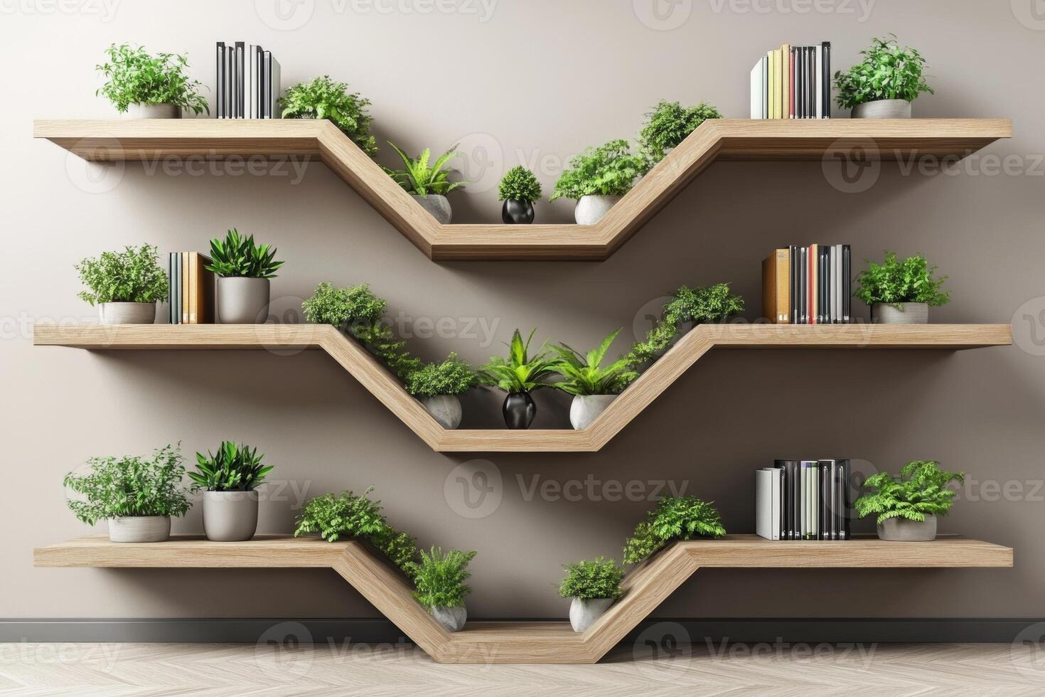 Contemporary bookshelf design featuring plants for stylish virtual office and studio backgrounds photo