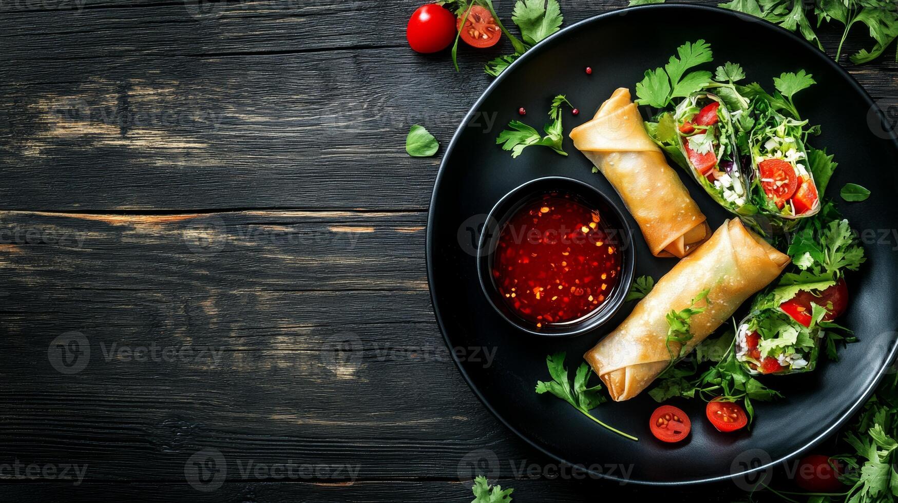 Modern black plate featuring spring rolls and sweet chili sauce on a rustic wooden table with an inviting atmosphere photo
