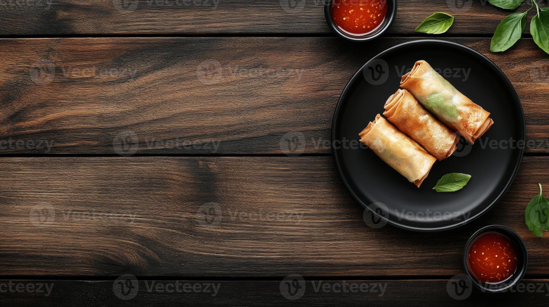 Stylish black plate with spring rolls and sweet chili sauce on a wooden table ready for a delightful dining experience photo
