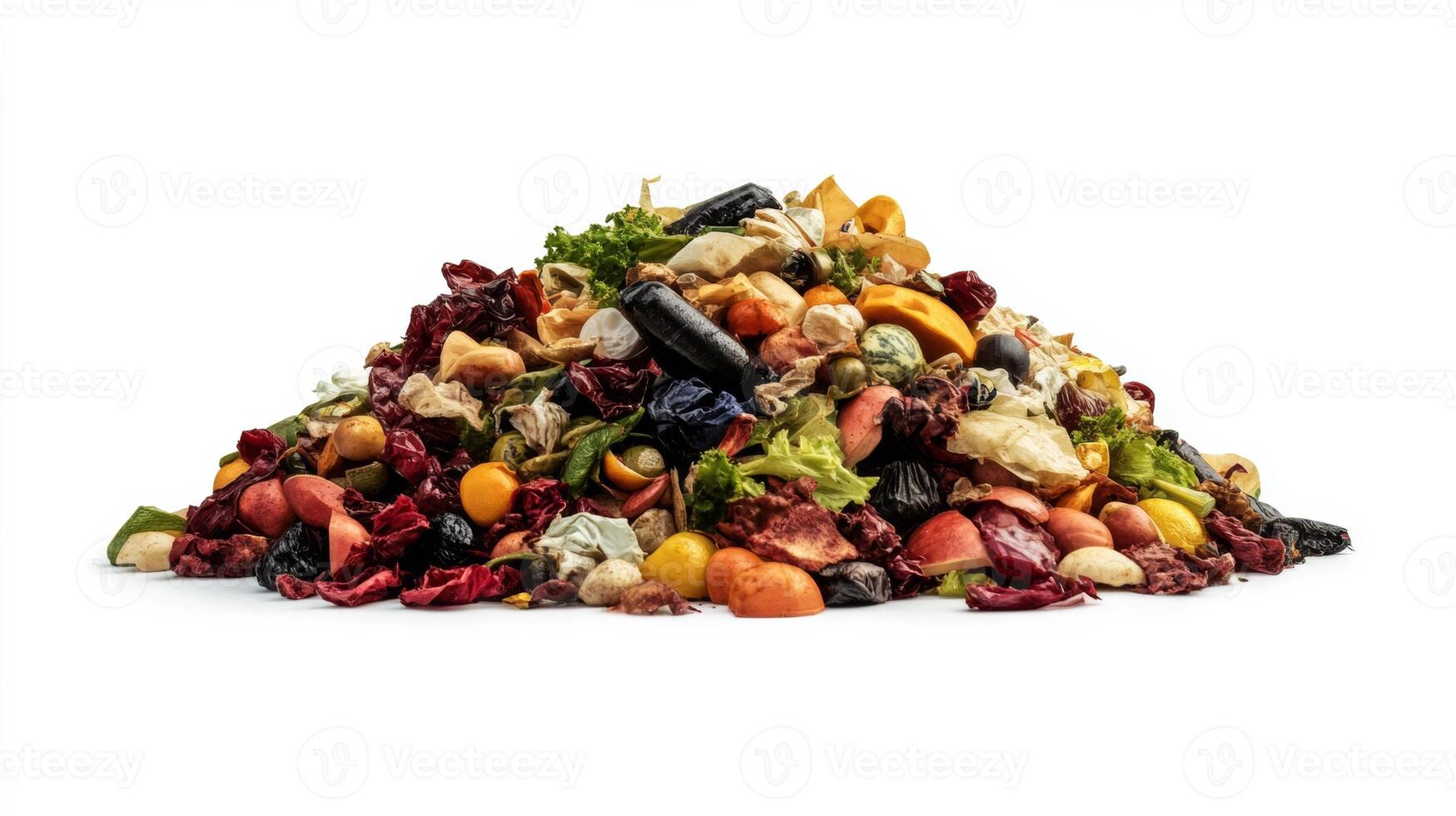 A vibrant mix of organic waste and food scraps on a white background highlights the need for better waste management photo