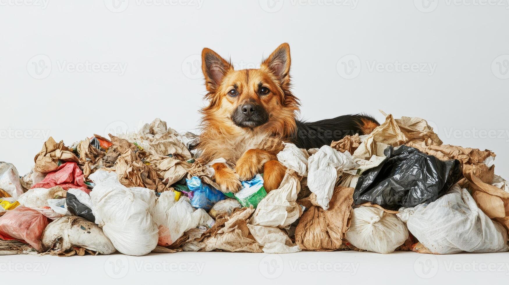 A dog lounging on a large pile of assorted garbage against a plain white background in a bright indoor setting photo